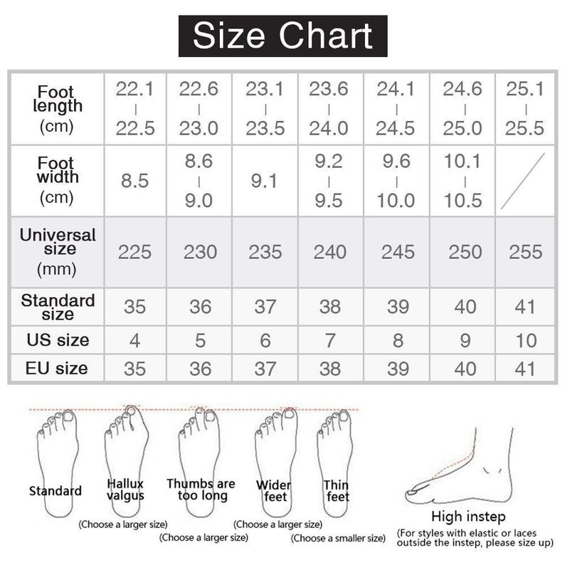 May include: A shoe size chart with measurements in centimeters, including foot length and width, universal, standard, US, and EU sizes. The chart also provides visual guides for different foot types, such as hallux valgus and high instep.