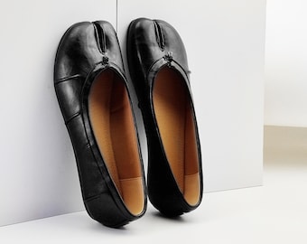 Dam vintage Tabi-skor, Fårskinns-vintage Tabi Mary Jane-skor, Mjuka sulor i gristrav med slits, Ballerinaskor med slits