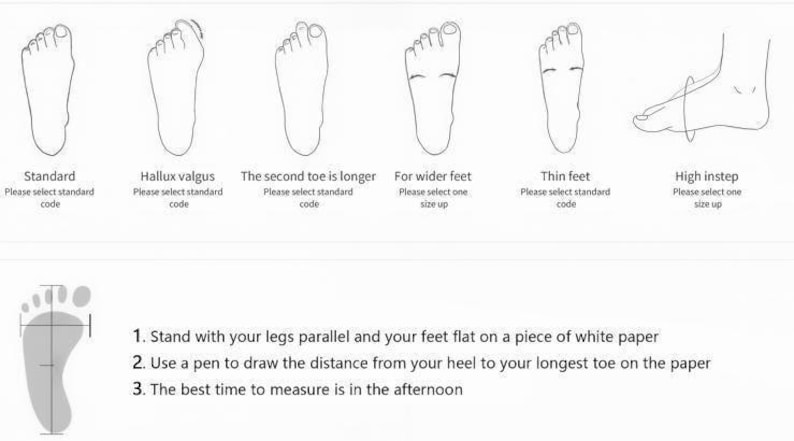 Puede incluir: Diagrama en blanco y negro que muestra varias formas de pie e instrucciones para medir los pies para tallas de zapatos. La imagen incluye instrucciones para pararse con las piernas paralelas y trazar el pie en papel. El texto incluye "Por favor, seleccione el c&oacute;digo est&aacute;ndar" y "Por favor, seleccione una talla m&aacute;s".