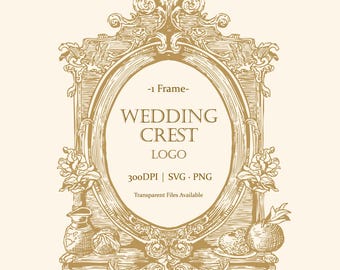 Baroque Wedding Crest Logo SVG, Vintage Oval Frame Clipart PNG, Ornate Wedding Logo Design, Bridal Crest Clipart