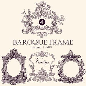 Puede incluir: Dibujo lineal en blanco y negro de marcos barrocos con detalles florales y de cintas. La imagen incluye el texto "BAROQUE FRAME" y "Vintage". El número "4" está dentro de un marco decorativo. Formatos de archivo SVG y PNG.