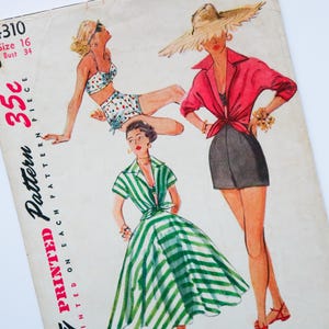 May include: A vintage sewing pattern envelope labeled 4310, size 16, bust 34, and 35c. The illustration features three outfits: a white polka dot bikini, a red collared shirt with black shorts and a wide-brimmed hat, and a green and white striped dress.