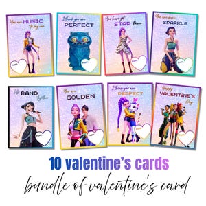 Puede incluir: Un conjunto de diez tarjetas de San Valentín con diversas ilustraciones y espacios en forma de corazón para un mensaje 'De'. Las tarjetas tienen bordes brillantes y frases como 'You are MUSIC to my ear' y 'Happy VALENTINE'S Day'.