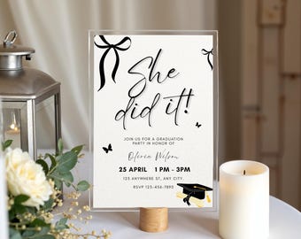 Editable Black Bow Graduation Party Invitation, Graduation Announcement Template, Minimalist Graduation Invitation, Grad Party Invite