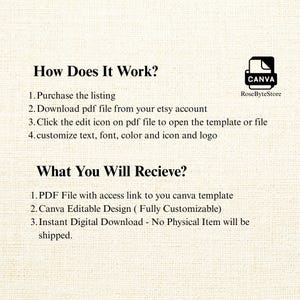 May include: A cream-colored digital download graphic with the text "How Does It Work?" and "What You Will Recieve?" Instructions include purchasing, downloading a PDF, and customizing a Canva template. The RoseByteStore logo is in the upper right corner.