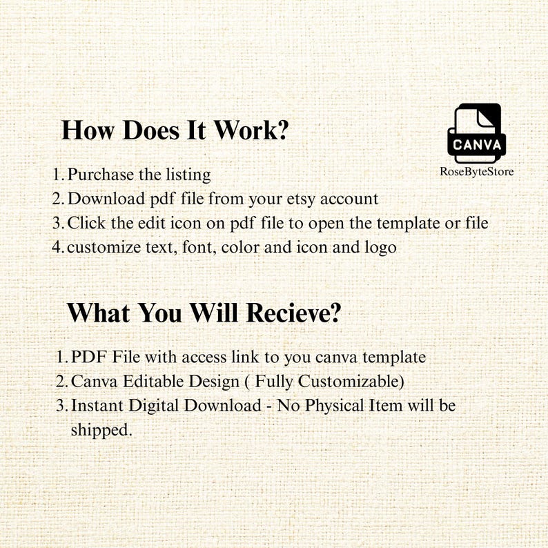 May include: A cream-colored digital download graphic with the text "How Does It Work?" and "What You Will Recieve?" Instructions include purchasing, downloading a PDF, and customizing a Canva template. The RoseByteStore logo is in the upper right corner.