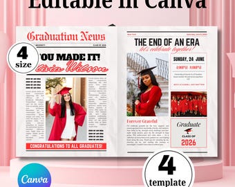 Canva 卒業式新聞テンプレート - 印刷可能な大きな卒業式招待状、卒業式案内、パーティーの記念品 - 卒業記念品ギフト