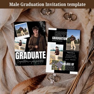 May include: Two graduation invitation templates. One features a photo collage and the word "GRADUATE". The other says "HAPPY GRADUATION" with the graduate's name, date, time, location, and RSVP information. The class year is 2026.