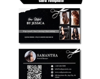 モダンなヘアスタイリスト名刺 | 編集可能なテンプレート | ウィッグ＆ブレイドスタイリスト向けビューティーサロン名刺