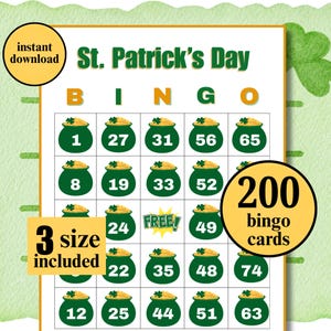 200 St Patrick's Day Bingo Cards, 1, 2, or 4 Per Page, St. Patrick's Day Activity, St Patrick's Fun Party Game, St Pattys Game, Irish Bingo