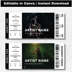 May include: Two concert tickets with a black and white design. Each ticket features a photo of a singer, artist name, and event details. The text "Editable in Canva | Instant Download" is at the top.