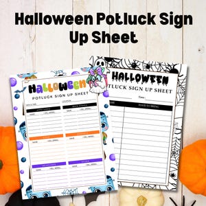 Può includere: Due fogli di iscrizione per un potluck di Halloween con grafiche festive. Un foglio include sezioni per antipasti, piatti principali, contorni, dessert e bevande con bordi colorati. L'altro foglio presenta un design con ragnatele nere.