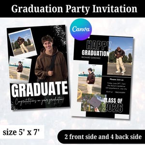 Puede incluir: Invitación a una fiesta de graduación con una foto de un graduado con una sudadera con capucha marrón. La invitación incluye el texto "GRADUATE" y "CLASS OF 2026". El tamaño es de 152 cm x 213 cm. Invitación para una fiesta de graduación.