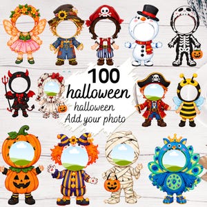 May include: A collection of 100 Halloween-themed digital face-in-hole templates featuring various characters including a fairy, scarecrow, pirate, snowman, skeleton, devil, doll, bee, pumpkin, clown, mummy, and peacock with the text 100 halloween Add your photo.