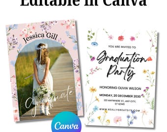 卒業パーティー招待状 ワイルドフラワー ボヘミアン風フローラル 写真編集可能テンプレート ダウンロード