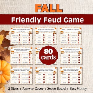 May include: A Fall Friendly Feud game set featuring 80 cards with autumn-themed trivia questions and point values. The cards display lists of answers like pumpkin pie, cinnamon rolls, and warm blankets, decorated with fall leaf and pumpkin graphics.