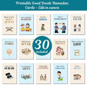 Tarjetas imprimibles de buenas acciones para Ramadán - Actividades divertidas para niños y calendario de Adviento - Regalo de Ramadán, plantilla de Canva
