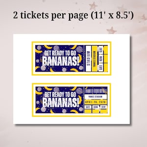 May include: Two baseball-themed tickets with a yellow border. The tickets read "GET READY TO GO BANANAS!" with baseballs and bananas. One ticket has "YANKEE STADIUM" and the other has the date "APRIL 26, 2026".