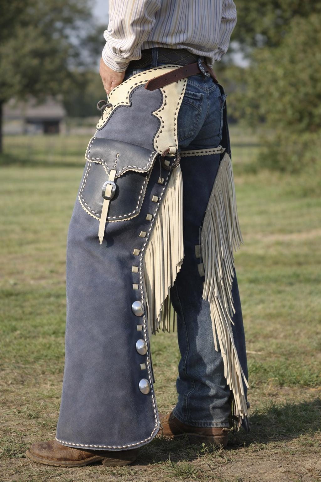 Chaps Cowboy Vintage Taille 32x26 – Cuir Marron Et Daim Noir – Rodéo USA
