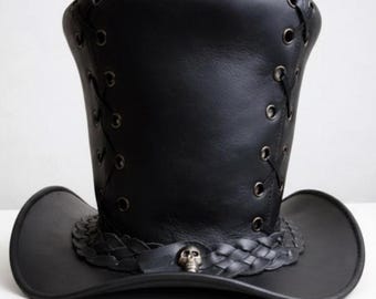Cartola Steampunk de Couro Preto com Detalhe de Caveira – Chapéu Gótico Vitoriano, Ideal para Cosplay e Roupa de Halloween