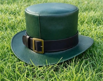 Handmade Green Leather Top Hat – Steampunk Cosplay, Victorian Style