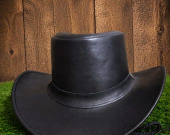 Handmade Black Leather Cowboy Hat – Vintage Western Hat for Men & Women
