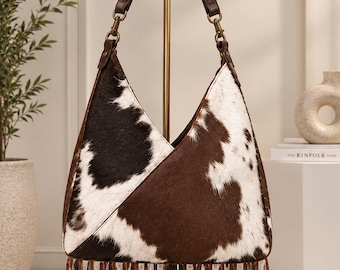 Cowhide Leather Fringe Shoulder Bag, Western Boho Handbag, Rustic Cowgirl Purse