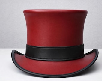 Handgefertigter roter Lederhut mit schwarzem Schleifenband - Eleganter Steampunk-Stil, Valentinstag-Kostüm