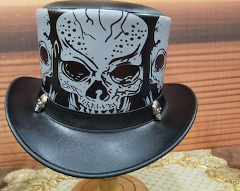 Cartola artesanal em couro preto com formato de caveira – Estilo gótico para festivais.