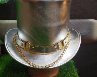 Handmade Silver Metallic Faux Leather Top Hat –  Costume Hat , Steampunk and Victorian looks