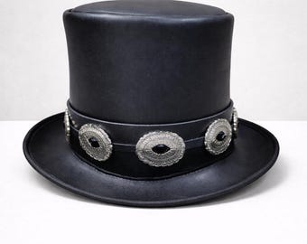 Handmade Black Leather Top Hat: Steampunk Silver Concho Band