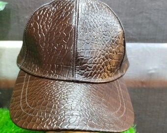Handmade Brown Faux Leather Baseball Cap –Crocodile Pattern Embossed Unique fashion