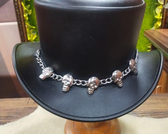 Handmade Black Leather Top Hat- Skull Chain Steampunk Hat ,Festival Wear