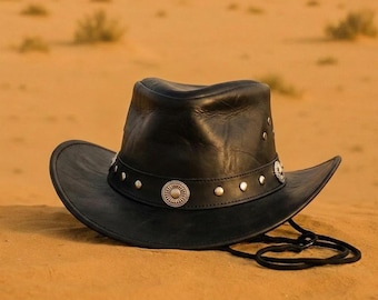 Handmade Black Leather Cowboy Hat – Western Concho Band , Festival hat