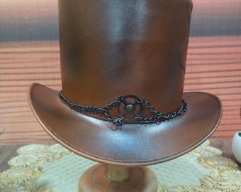 Handmade Brown Leather Steampunk Top Hat – Cosplay Costume, Vintage Style