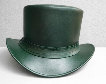 Handmade Green Cowhide Leather Top Hat – Steampunk Cosplay Fashion