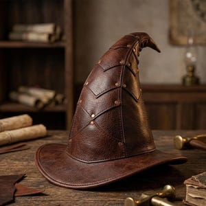 May include: A brown pointed hat constructed from multiple overlapping leather-like panels, featuring a wide brim and a curved tip. The panels are secured with small, evenly spaced metallic rivets, creating a structured, layered appearance.