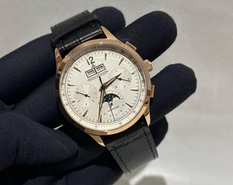 Vintage Jaeger-LeCoultre Automatic Chronograph Watch | Rose Gold Steel Case, White Dial, Black Leather Strap