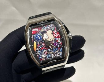 Vintage Franck Muller Automatic Watch | Silver Case, Black Leather Strap, Multicolor Dial Watch For Men