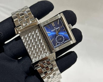 Vintage Jaeger-LeCoultre REVERSO Quartz Movement Silver Blue Dial Watch | Stainless Steel Bracelet Men's Wrist Watch