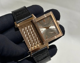 Vintage Jaeger-LeCoultre Reverso Quartz Watch Rose Gold Case champagne color Dial Leather Strap Men Watch
