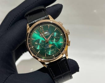 Vinatge Jaeger-LeCoultre Automatic Chronograph Watch | Green Dial, Rose Gold Case, Black Leather Strap Men Watch