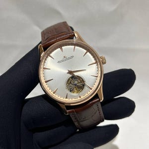 Vintage Jaeger-LeCoultre Automatic Watch | Rose Gold Case, Silver Dial, Chronograph, Leather Strap Men's Wrist Watch