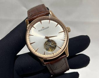 Vintage Jaeger-LeCoultre Automatic Watch | Rose Gold Case, Silver Dial, Chronograph, Leather Strap Men's Wrist Watch