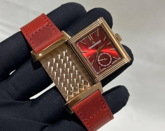 Vintage Jaeger-LeCoultre REVERSO Red Quartz Watch | Red Dial, Rose Gold Case, Red Leather Strap Men's Wrist Watch