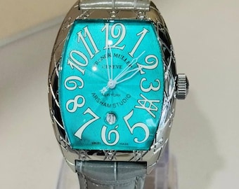 Vintage Franck Muller Automatic movement Sky-Blue dial Grey leather strap Men Watch | Birthday Gift | Christmas gift, free shipping