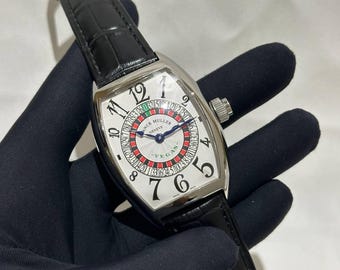 Vintage Franck Muller Roulette Automatic Watch | White Dial Black Leather Strap, Stainless Steel Case Men's Watch