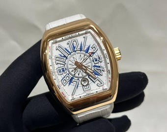 Vintage Franck Muller Automatic Rose Gold Watch | White Dial, Leather/Rubber Strap, Date Indicator Men's Wrist Watch