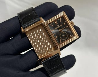 Vintage Jaeger-LeCoultre Reverso Quartz Rose Gold Watch, Black Leather Strap Men's Wrist Watch