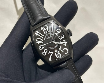 Vintage Franck Muller Black Automatic Watch | Stainless Steel Case, Leather Strap, Date Indicator Men Watch